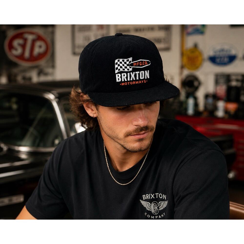 Brixton Hat Mens One Size Black Motorways MP Snapback Corduroy Racing NWT